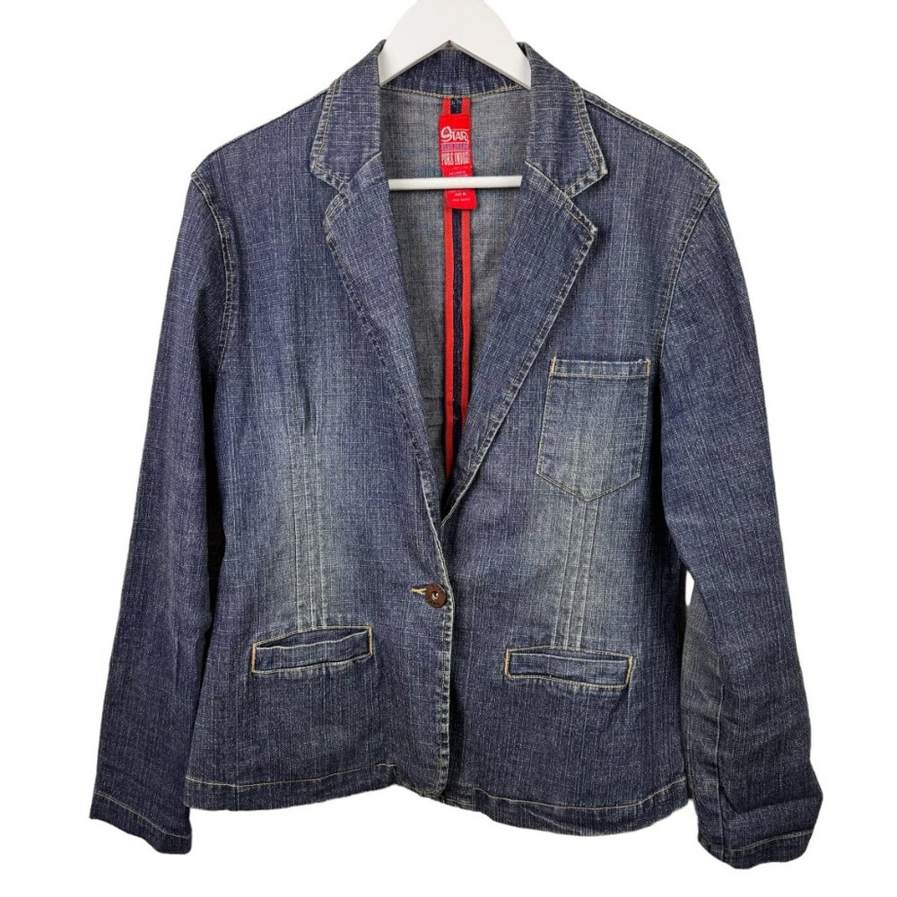 Star Jeans Denim Blazer Mens XL Zipper Accent Pockets 1 Button Front Dark Wash